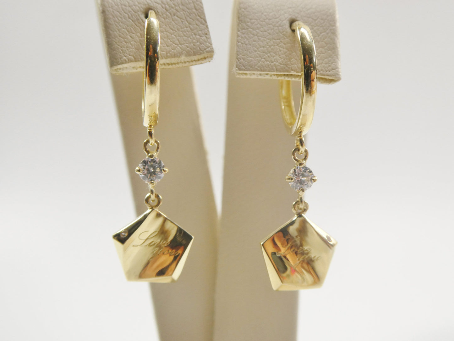 10k Real Yellow Gold Love Engrave Dangle Plain Huggie Earrings
