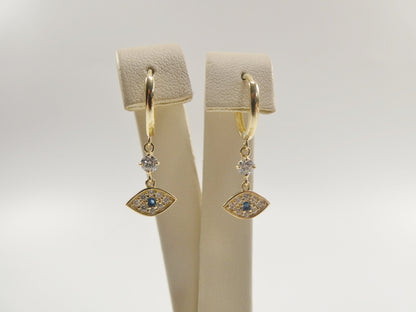 10k Real Yellow Gold Evil Eye Dangle Plain Huggie Earrings