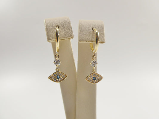 10k real yellow gold evil eye dangle  plain huggie earrings