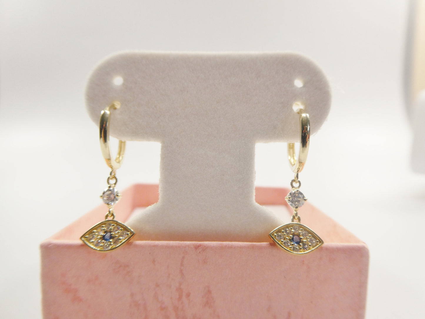10k Real Yellow Gold Evil Eye Dangle Plain Huggie Earrings