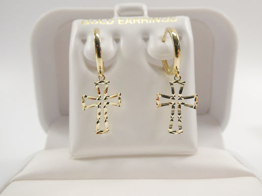 10k real yellow gold cross dangle plain huggie earrings
