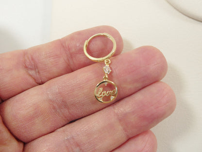 10k Real Yellow Gold Love Dangle Plain Huggie Earrings