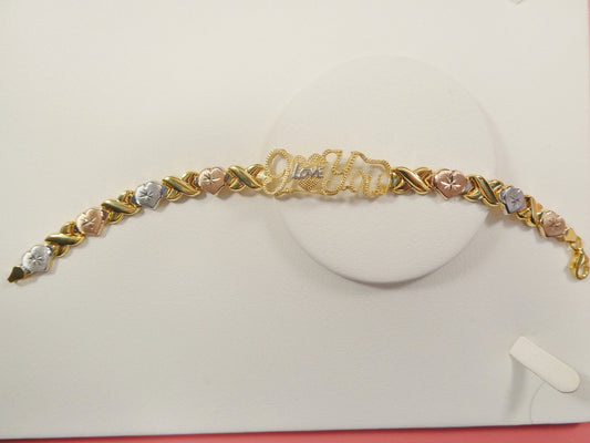 Sterling Silver 'I Love You' Bracelet: Tri-Color Heart XOXO Design