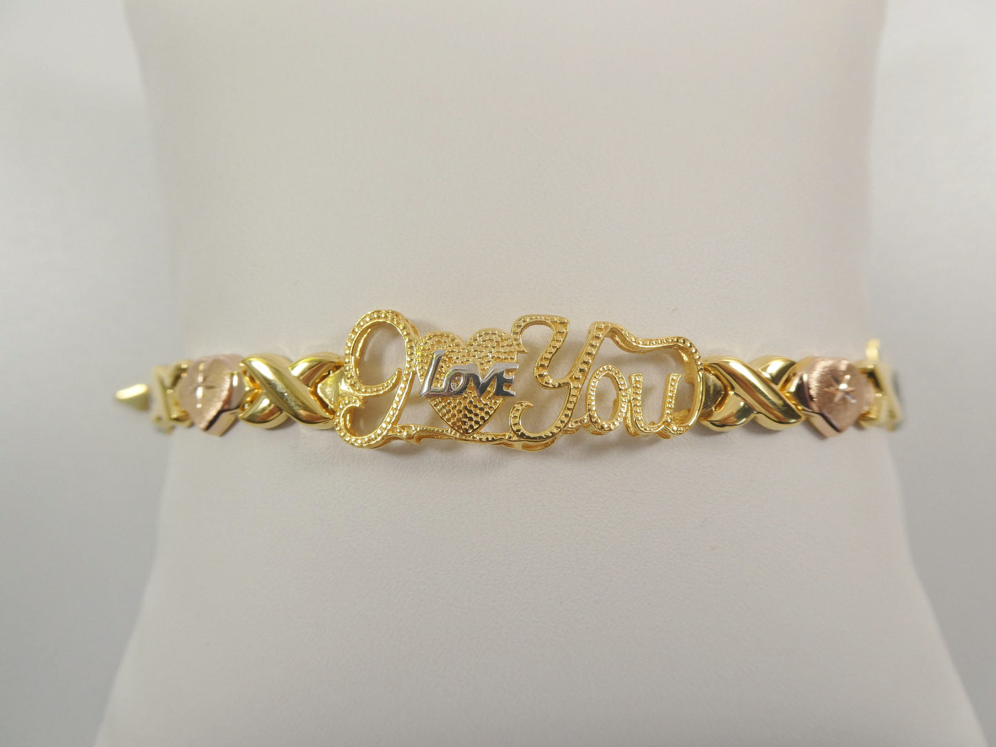 Sterling Silver 'I Love You' Bracelet: Tri-Color Heart XOXO Design