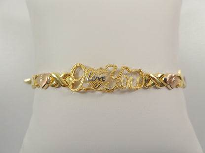 Sterling Silver 'I Love You' Bracelet: Tri-Color Heart XOXO Design