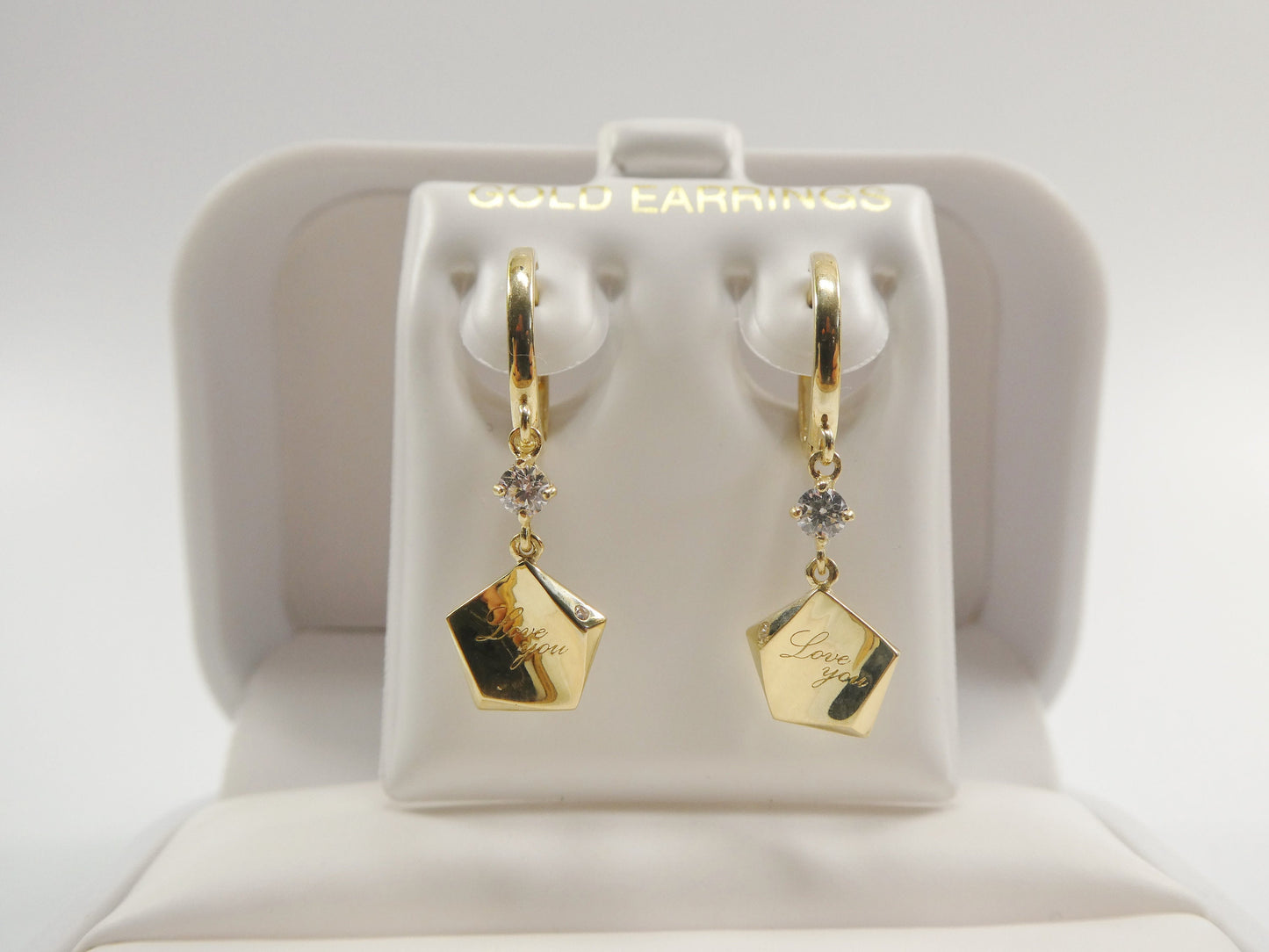 10k Real Yellow Gold Love Engrave Dangle Plain Huggie Earrings