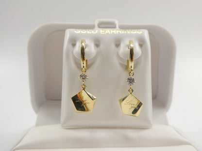 10k Real Yellow Gold Love Engrave Dangle Plain Huggie Earrings