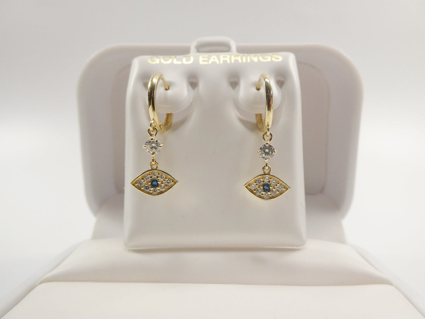 10k Real Yellow Gold Evil Eye Dangle Plain Huggie Earrings