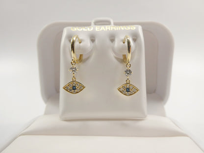 10k Real Yellow Gold Evil Eye Dangle Plain Huggie Earrings