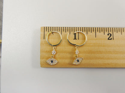 10k Real Yellow Gold Evil Eye Dangle Plain Huggie Earrings