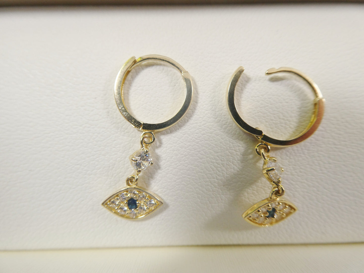 10k Real Yellow Gold Evil Eye Dangle Plain Huggie Earrings