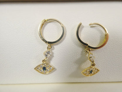 10k Real Yellow Gold Evil Eye Dangle Plain Huggie Earrings