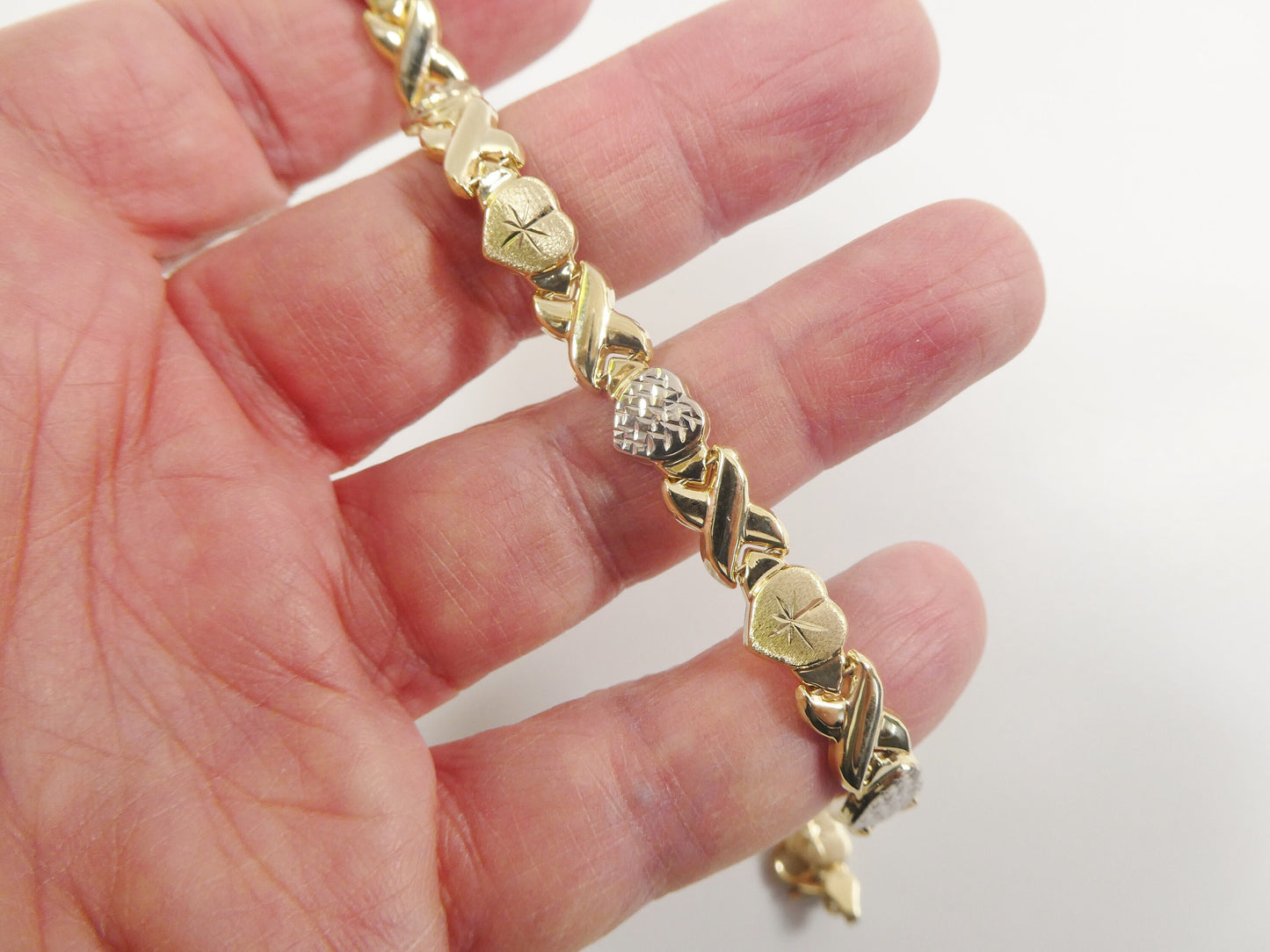10k Yellow Gold X and Heart Bracelet - Two Tone Stampato Design