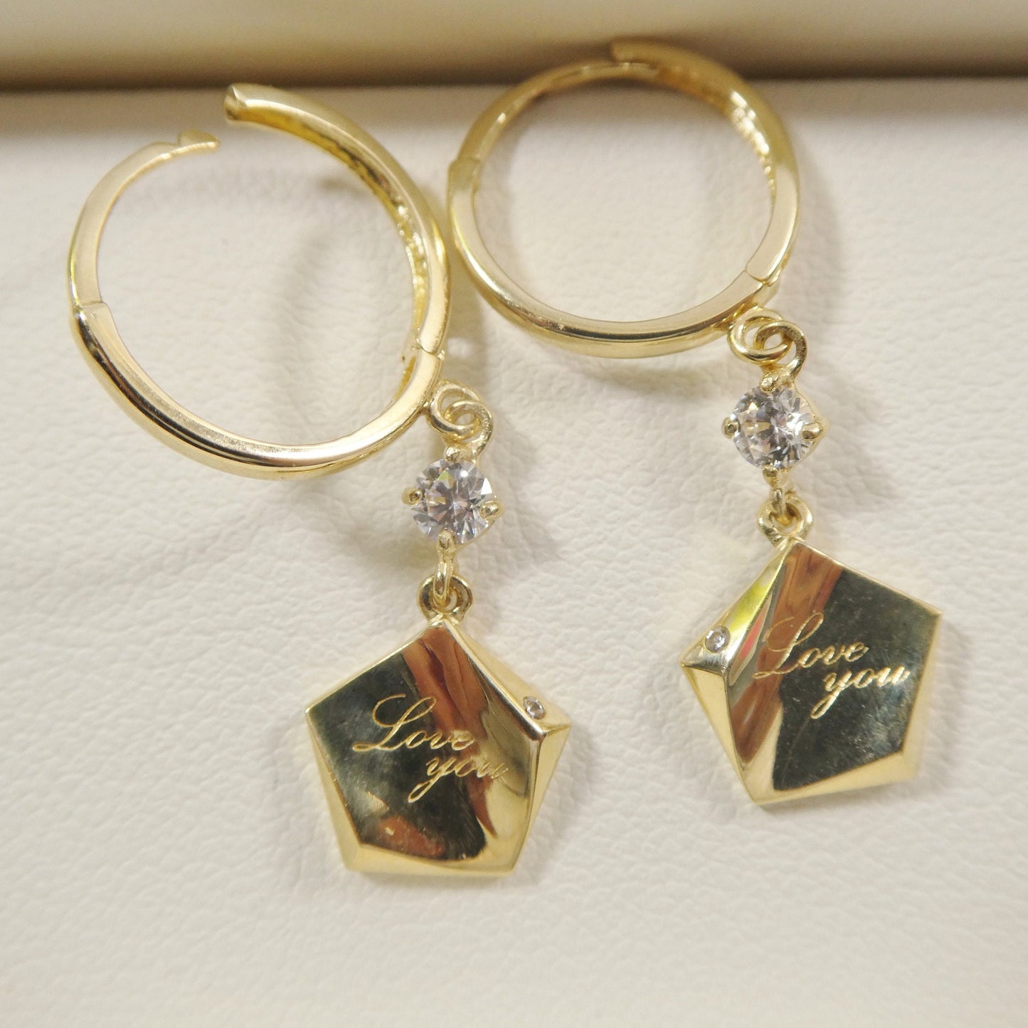10k Real Yellow Gold Love Engrave Dangle Plain Huggie Earrings