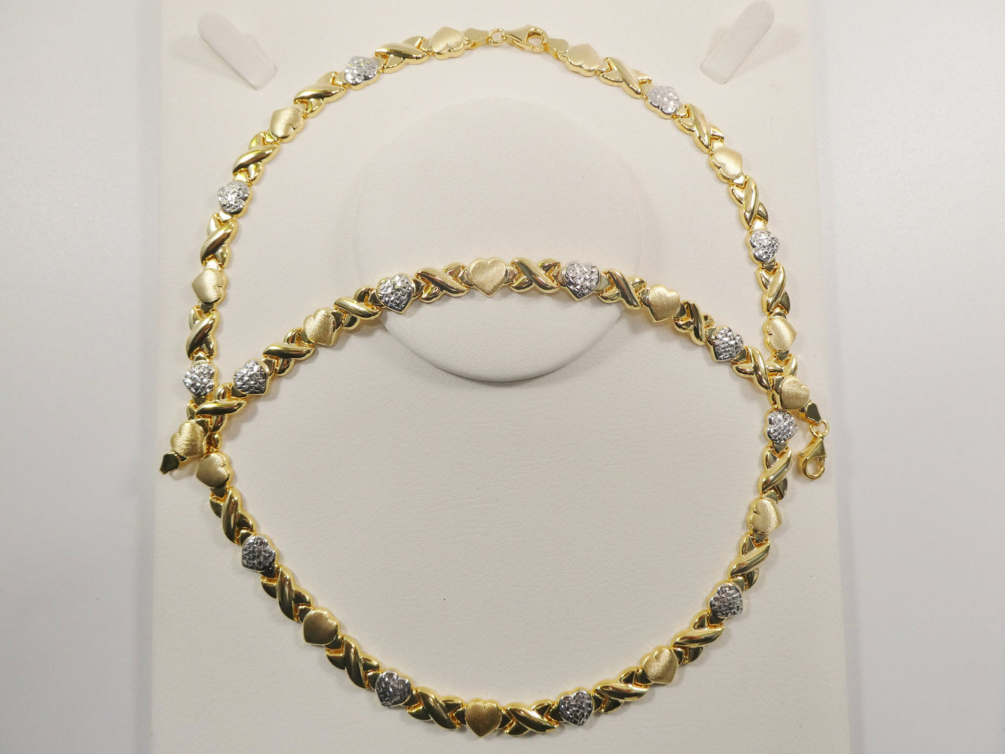 Sterling Silver Heart & Kisses Necklace Bracelet Set - 14k Gold Finish