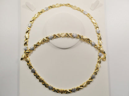 Sterling Silver Heart & Kisses Necklace Bracelet Set - 14k Gold Finish
