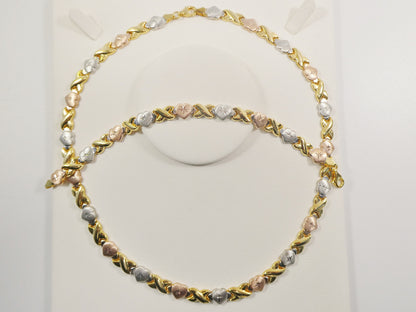 Sterling Silver Heart & Kisses Necklace Bracelet Set - 14k Gold Finish