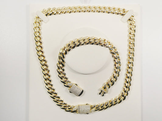 11mm Real 925 Sterling Silver Monaco Style Bracelet and Necklace 14k Yellow Gold Finish
