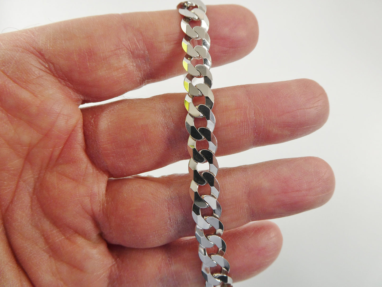 Sterling Silver Italian Flat Curb Bracelet: 14k White Gold Finish, 8 Inch