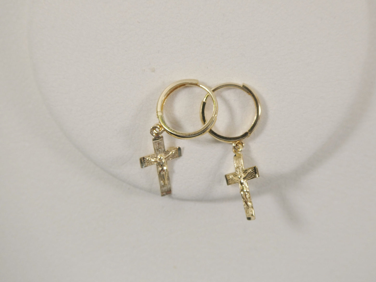 Real 10k Solid Yellow Gold Hoop Huggie Dangle Cross Earrings