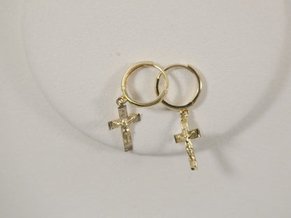 Real 10k Solid Yellow Gold Hoop Huggie Dangle Cross Earrings