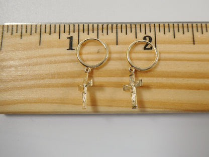 Real 10k Solid Yellow Gold Hoop Huggie Dangle Cross Earrings
