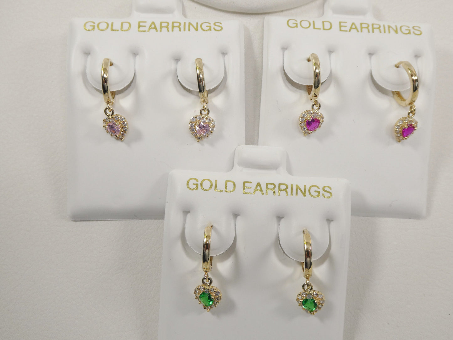 Real 10k Solid Yellow Gold Birthstone Color Heart Dangling Hoop Earrings