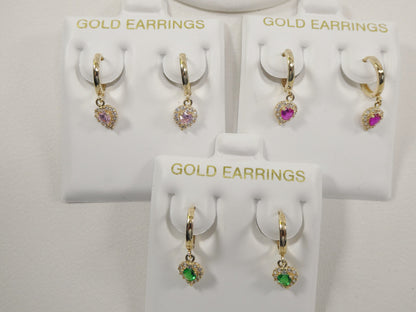 Real 10k Solid Yellow Gold Birthstone Color Heart Dangling Hoop Earrings