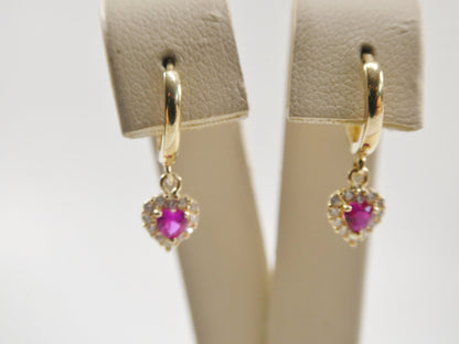 Real 10k Solid Yellow Gold Birthstone Color Heart Dangling Hoop Earrings