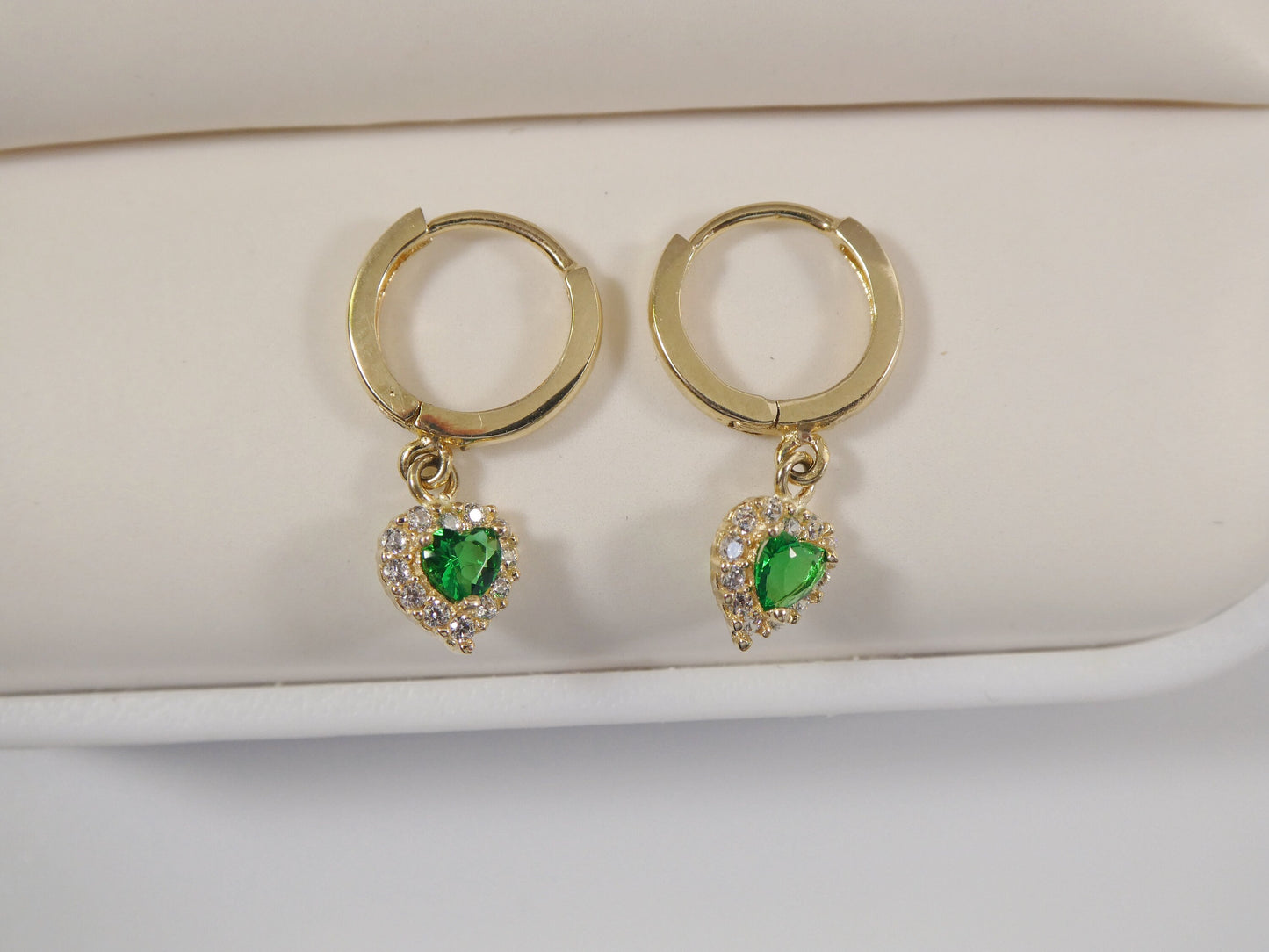 Real 10k Solid Yellow Gold Birthstone Color Heart Dangling Hoop Earrings