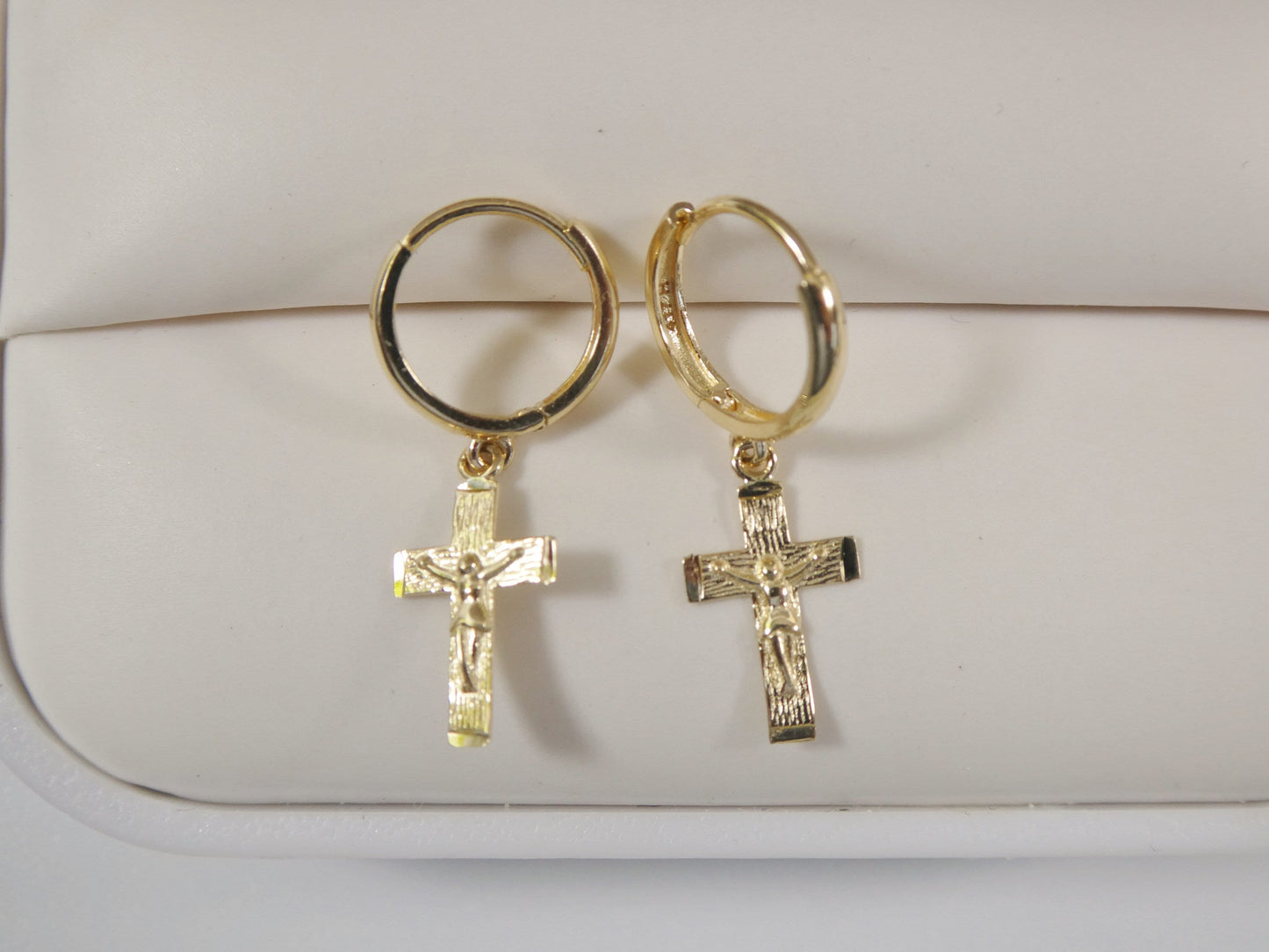 Real 10k Solid Yellow Gold Hoop Huggie Dangle Cross Earrings