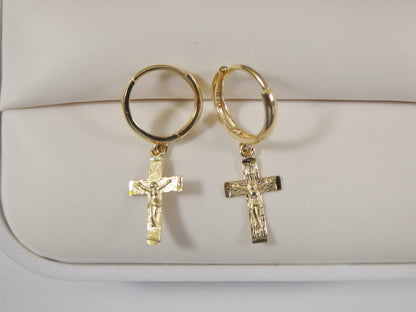 Real 10k Solid Yellow Gold Hoop Huggie Dangle Cross Earrings