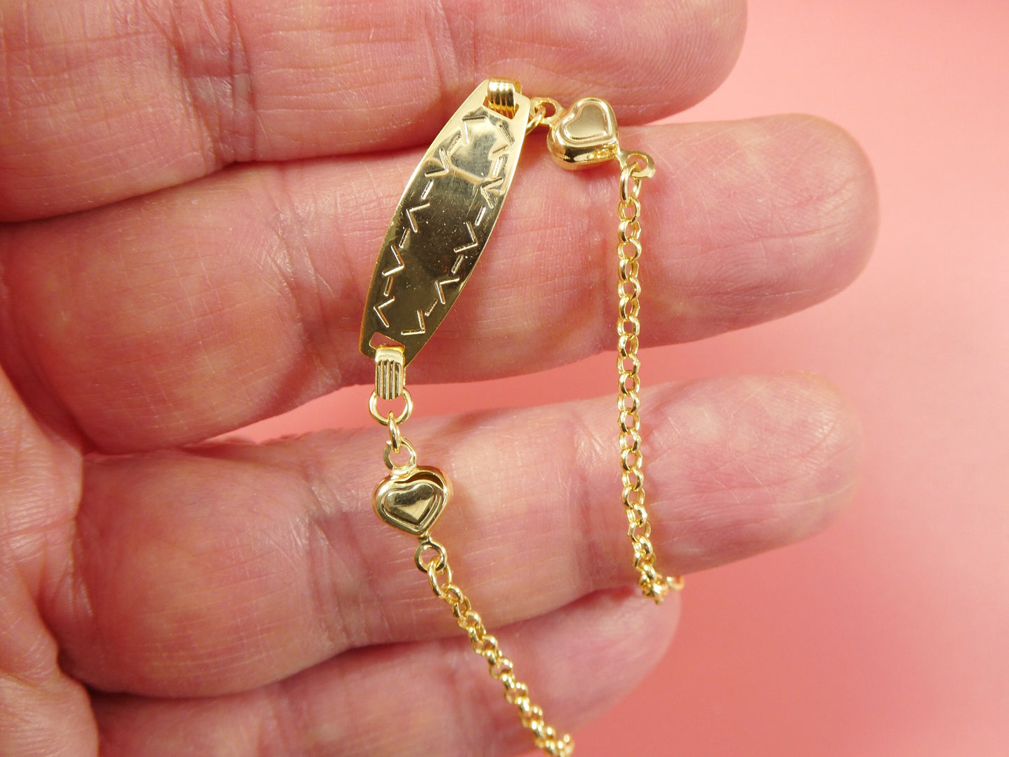 14k real solid yellow gold double heart 6 inch baby id bracelet