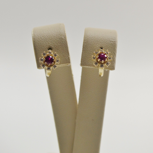 Real 10k Solid Yellow Gold Birthstone Color Flower Huggie Earrings