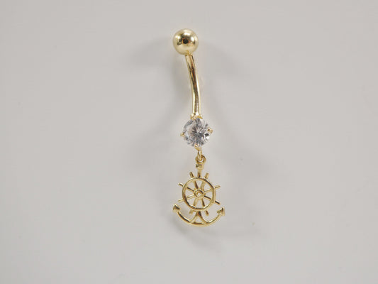 14k real solid yellow gold dangling steering wheel anchor belly button ring piercing
