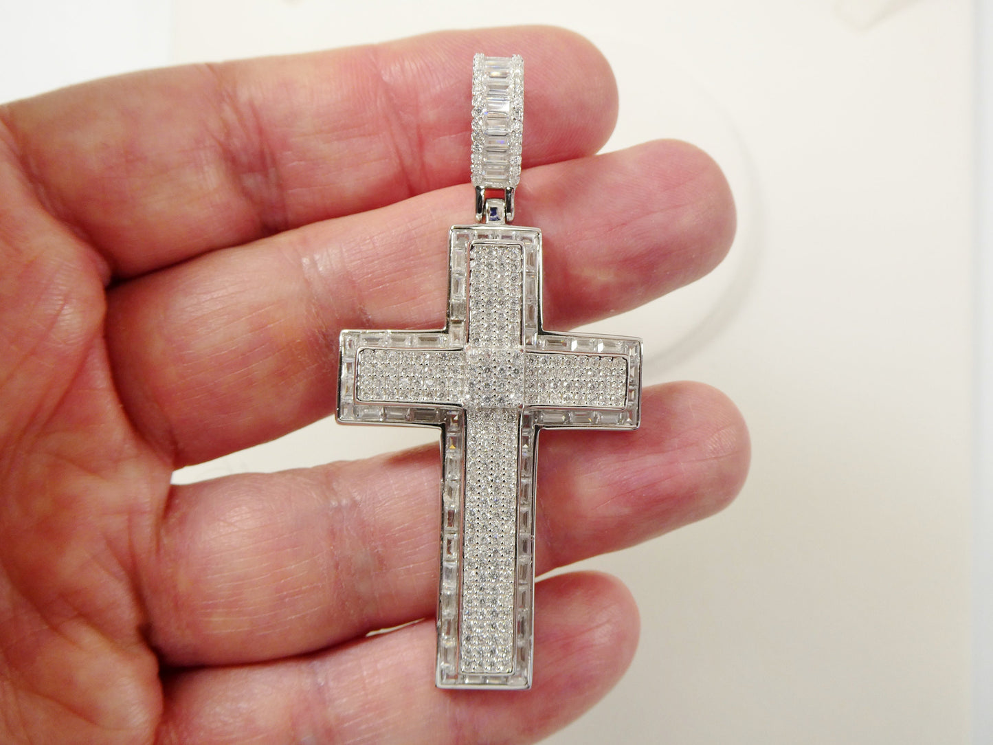 Sterling Silver Cross Charm Pendant: Iced Out, 14k White Gold Finish