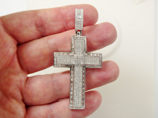 Sterling Silver Cross Charm Pendant: Iced Out, 14k White Gold Finish