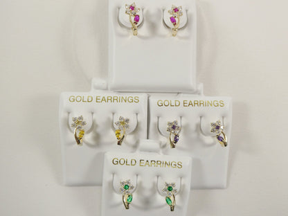 Real 10k Solid Yellow Gold Birthstone Color Flower French Back Earrings
