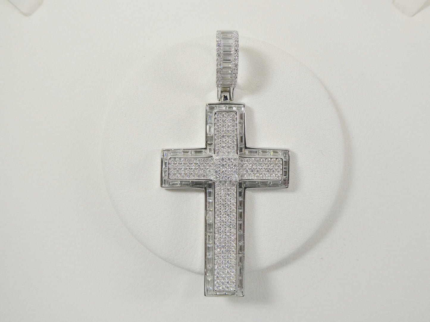 Sterling Silver Cross Charm Pendant: Iced Out, 14k White Gold Finish