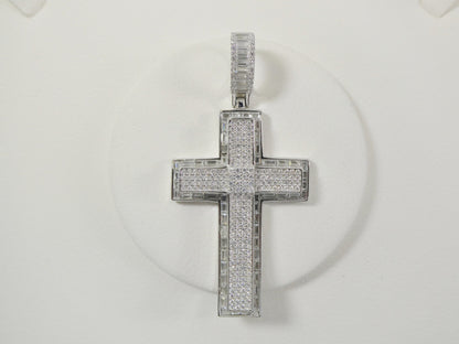 Sterling Silver Cross Charm Pendant: Iced Out, 14k White Gold Finish