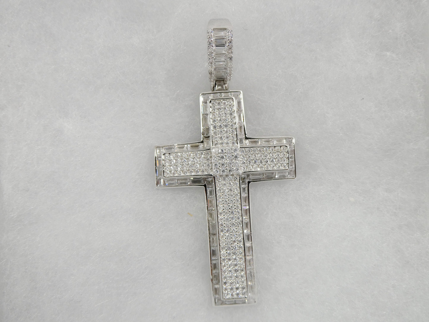 Sterling Silver Cross Charm Pendant: Iced Out, 14k White Gold Finish