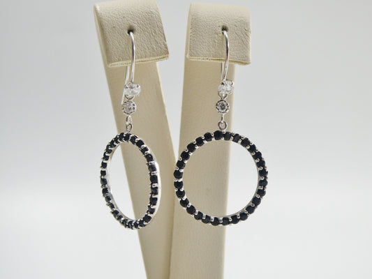 14k real solid white gold black stone circle earrings