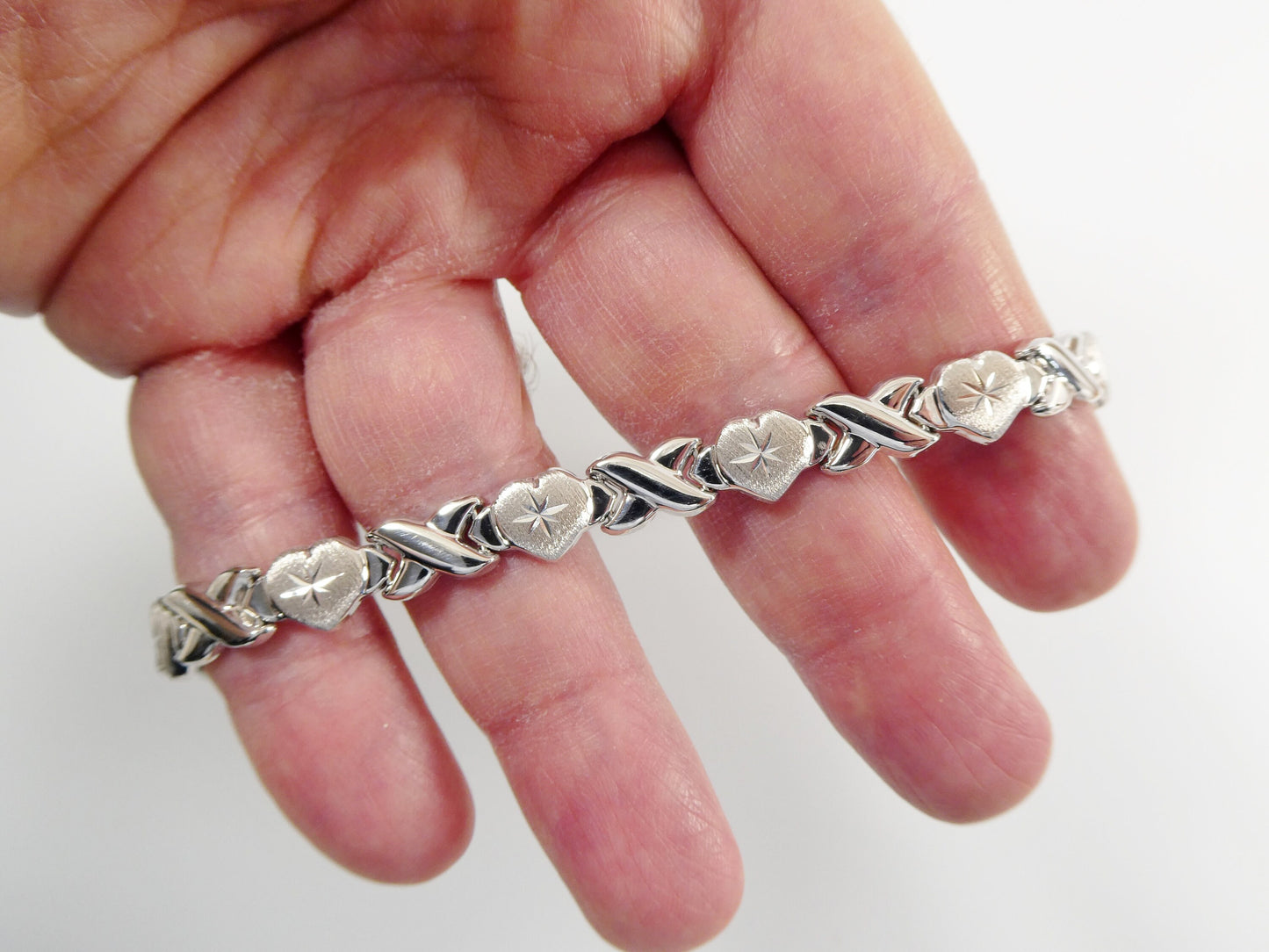 Sterling Silver XOXO Heart Anklet Bracelet - 14K White Gold Finish