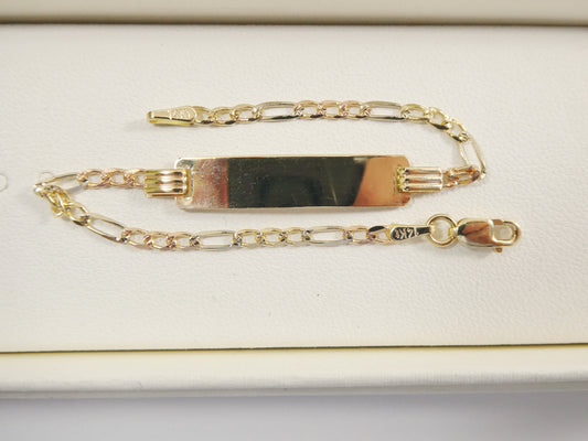 14K real solid yellow gold 6 inch Figaro style tri color baby ID bracelet