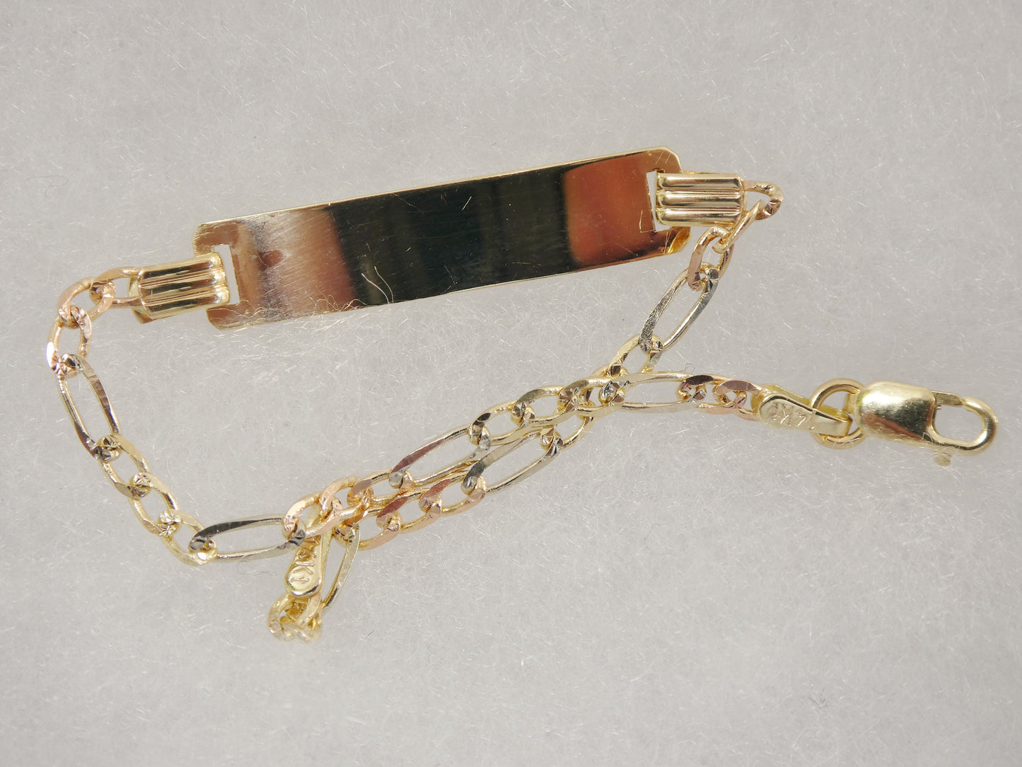 14K real solid yellow gold 6 inch Figaro style tri color baby ID bracelet