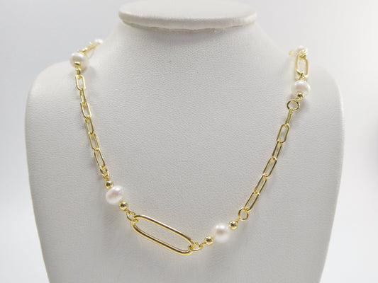 Pearl Paperclip Necklace: 14k Gold Sterling Silver Chain, 16-18 Inch