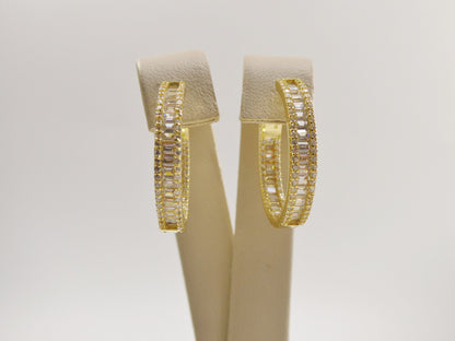 Real 925 Sterling Silver 14k Yellow Gold Color Finish Baguette Setting Earrings