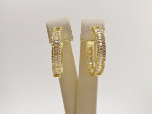 real 925 sterling silver 14k yellow gold color finish baguette setting earrings