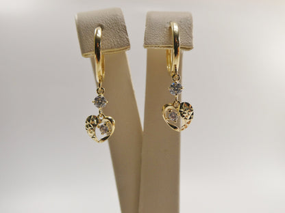 Real 10k Solid Yellow Gold Heart Dangle Hoop Huggie Earrings