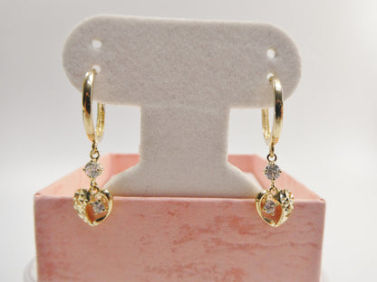 Real 10k Solid Yellow Gold Heart Dangle Hoop Huggie Earrings